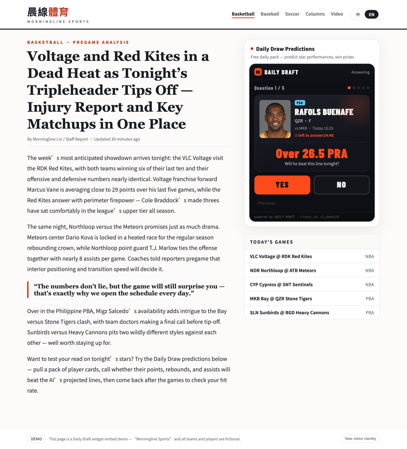 Daily Draft prediction widget embedded in a sports media article